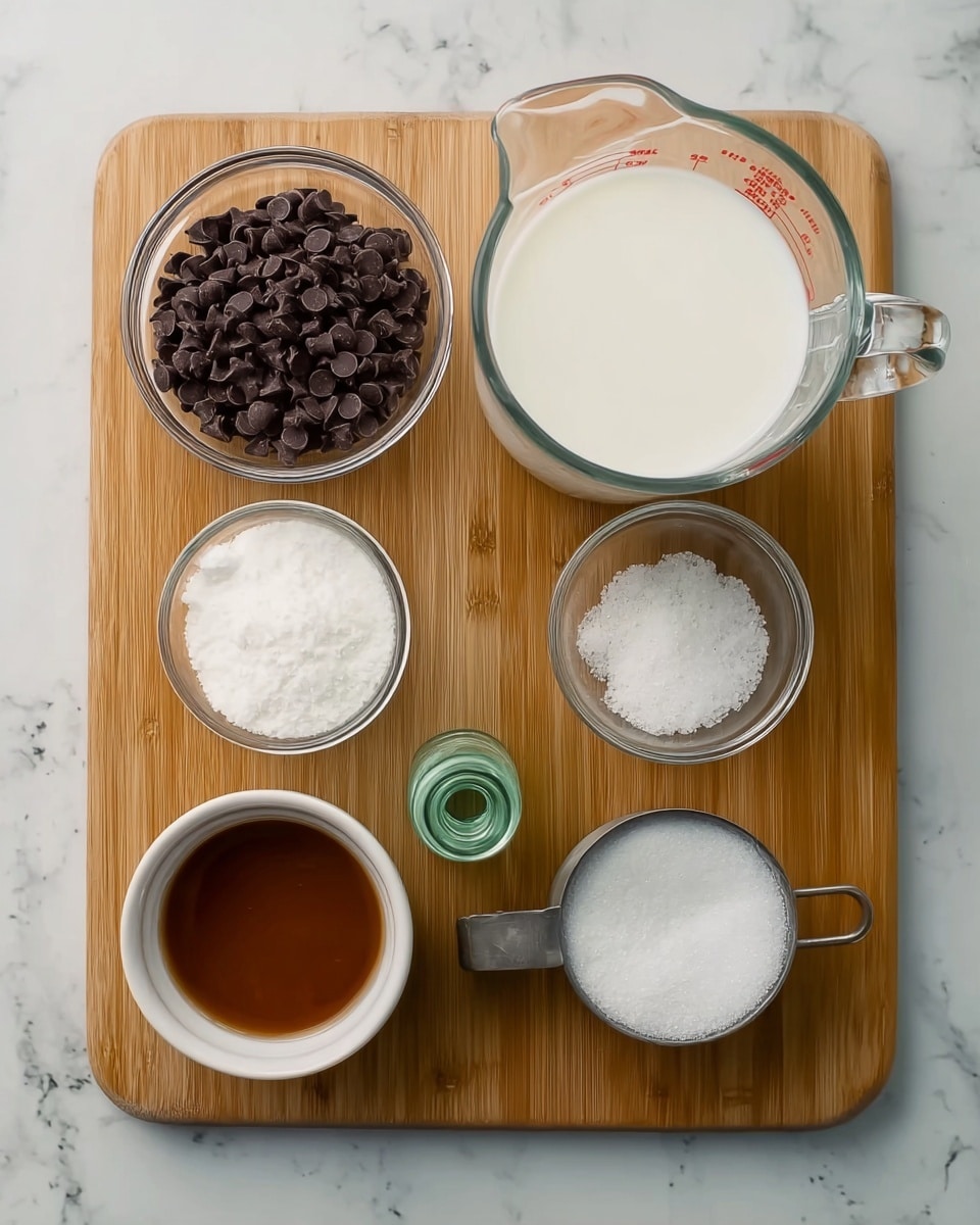 The image shows seven small containers arranged on a wooden board with a white marbled surface background. In the top row from left to right, there is a clear glass bowl filled with dark brown small chocolate pieces, a clear glass measuring cup filled to the top with white liquid, and a clear glass jar filled with more white liquid. In the bottom row from left to right, there is a small white bowl with a brown liquid, a small clear glass bowl with white crystals, a small clear bowl filled with a clear liquid, a tiny green bottle with liquid, and a metal measuring cup filled with white granulated sugar. The items are spaced evenly and viewed from above, creating a neat and simple layout. Photo taken with an iphone --ar 4:5 --v 7