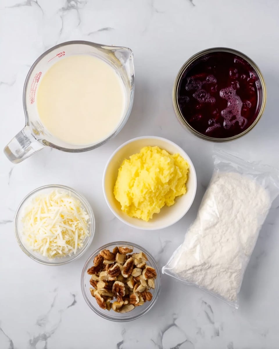 The image shows six small containers on a white marbled surface, each holding a different ingredient. In the top left is a clear glass measuring cup with a handle, filled with a pale cream liquid. Next to it is a white bowl holding a bright yellow mashed substance, smooth in texture. To the right is a can full of dark red liquid with some floating chunks. Below the cream liquid is a bowl with white shredded flakes, and to its right is a small bowl filled with broken brown nut pieces. Finally, on the far right is a clear plastic bag filled with a white powdery substance. The items are spaced evenly across the white marbled surface. Photo taken with an iphone --ar 4:5 --v 7
