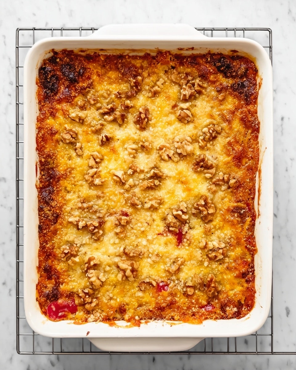 The image shows a white rectangular baking dish filled with a baked casserole. The top layer is golden brown and crispy with melted cheese, sprinkled with pieces of walnuts spread evenly across the surface. There are small spots of red sauce visible near the edges, adding a pop of color. The edges of the casserole are slightly browned and crisp, indicating it was baked well. The dish is placed on a cooling rack on a white marbled surface. photo taken with an iphone --ar 4:5 --v 7
