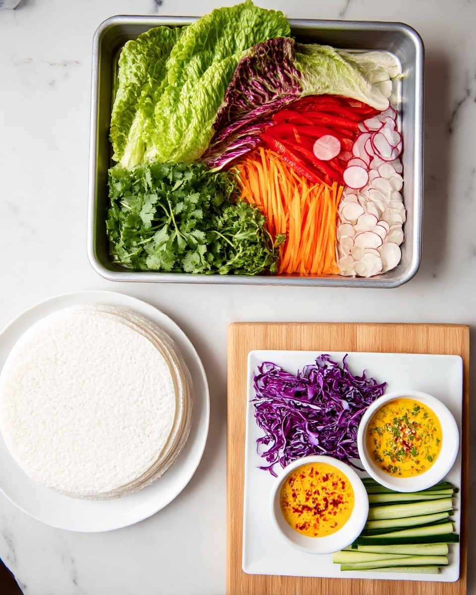 The image shows a flat square metal tray on the top left filled with layers of colorful fresh vegetables, including large green lettuce leaves with reddish edges at the top, bright green cilantro leaves next to it, thin julienne orange carrot strips, thin red bell pepper strips, thin round slices of white and purple radish, long green julienne cucumber sticks, and finely shredded purple cabbage at the bottom right. To the top right, there is a white square plate holding two small white round bowls filled with creamy sauces, the left one orange with chili flakes and crushed nuts on top, and the right one yellow with green herbs and chili flakes. Below these, a wooden cutting board holds a stack of round white rice paper wrappers still partly in their package. At the bottom left, there is a plain white round plate resting on a white marbled surface. Photo taken with an iphone --ar 4:5 --v 7