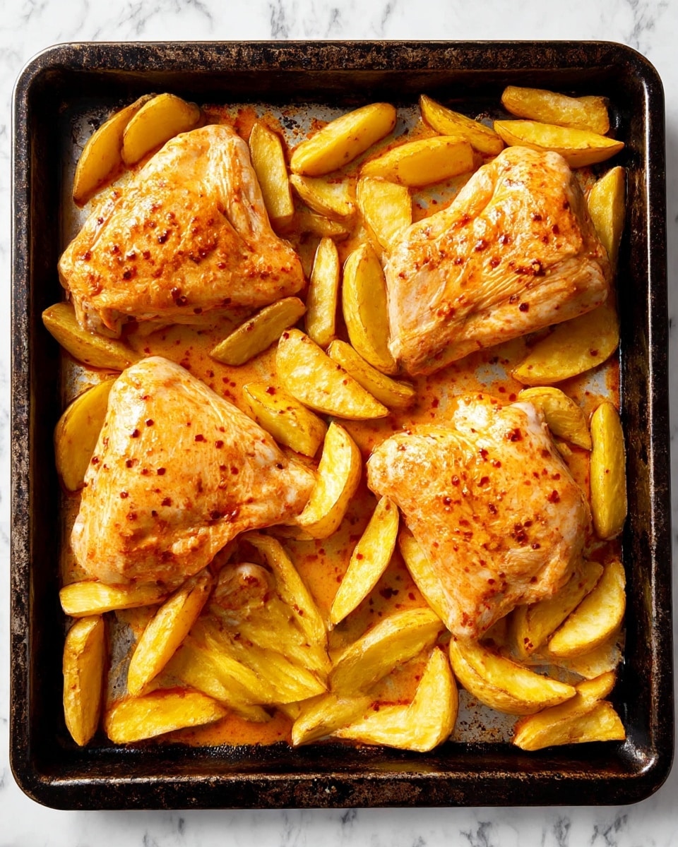 A dark metal baking tray filled with four large raw chicken pieces, each coated in a light orange-red sauce with visible chili flakes. The chicken pieces are evenly spread out across the tray. Scattered between the chicken pieces are many yellow potato wedges, also covered lightly with the same sauce. The tray's surface shows some dark marks and a bit of texture from use. The setting has a white marbled textured background. photo taken with an iphone --ar 4:5 --v 7