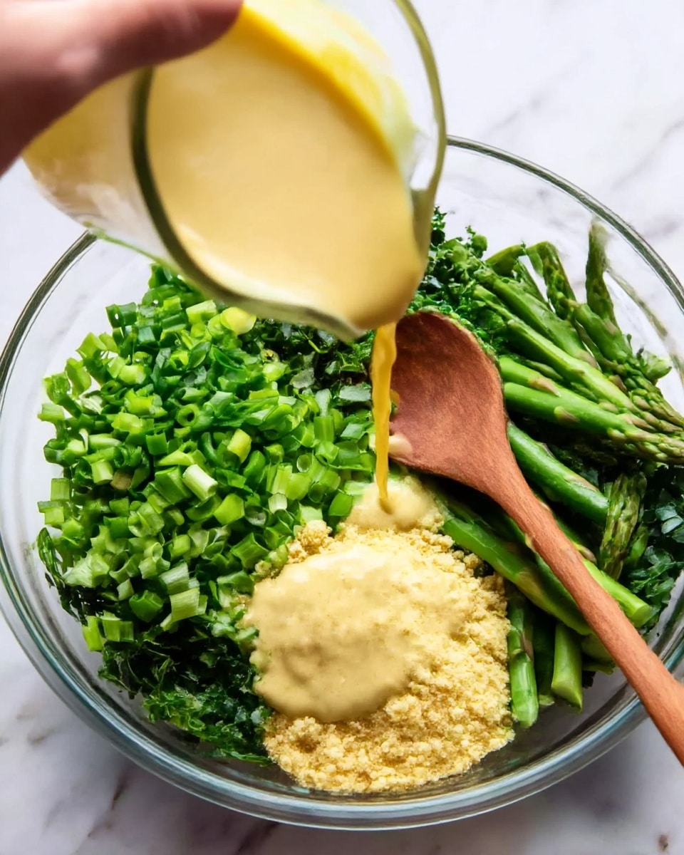 The image shows a clear glass bowl on a white marbled surface filled with chopped green onions on the left, bright green asparagus pieces on the right, and dark green leafy herbs at the bottom. In the center, there is a mound of pale yellow powder. A woman's hand is pouring a creamy yellow sauce from a glass jug into the bowl, while a wooden spoon rests inside the bowl. The colors are fresh and vibrant, with the sauce creating a smooth texture over the layered ingredients. Photo taken with an iphone --ar 4:5 --v 7