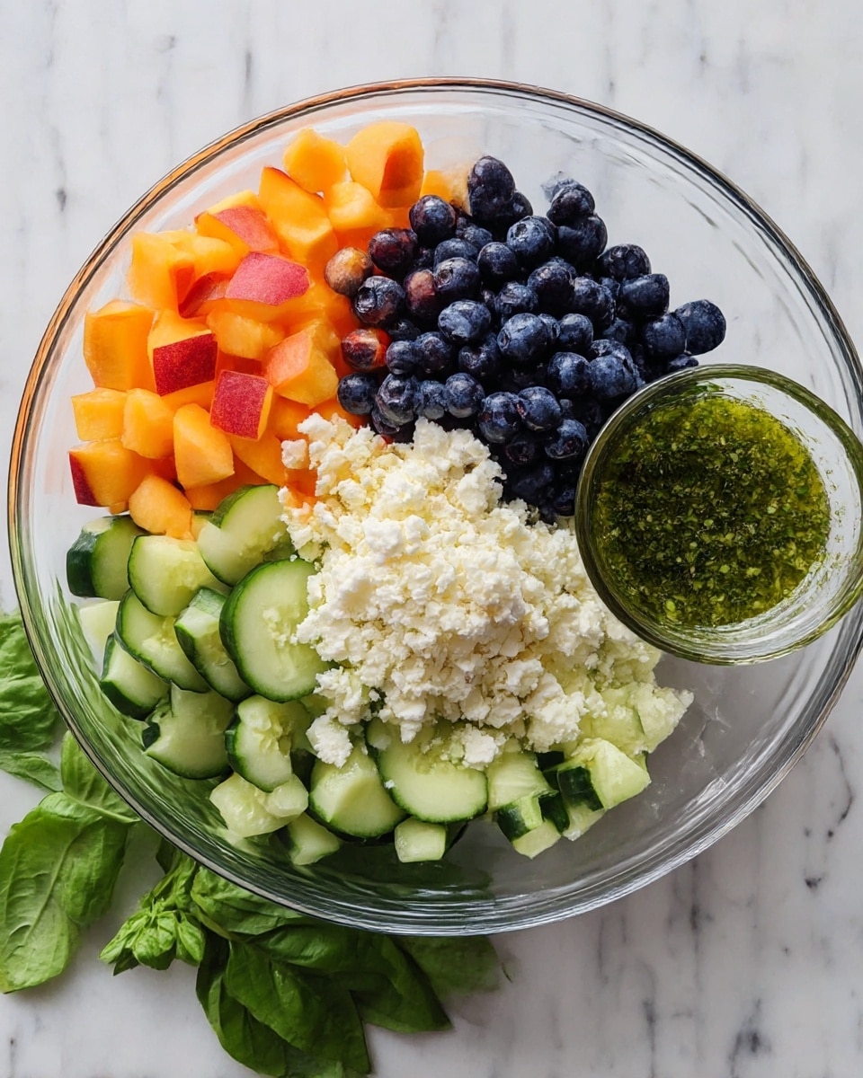 The image shows a clear glass bowl on a white marbled surface filled with four main layers placed side by side. Starting from the top left, there are small orange and red peach cubes, next to them on the top right is a pile of fresh, round, dark blue blueberries. At the bottom left, there are sliced green cucumber pieces arranged neatly, and in the center, there is a mound of crumbled white cheese. To the right of the bowl, a small clear glass cup contains a green herb dressing. Fresh green basil leaves are placed around the bowl on the white marbled surface. Photo taken with an iphone --ar 4:5 --v 7