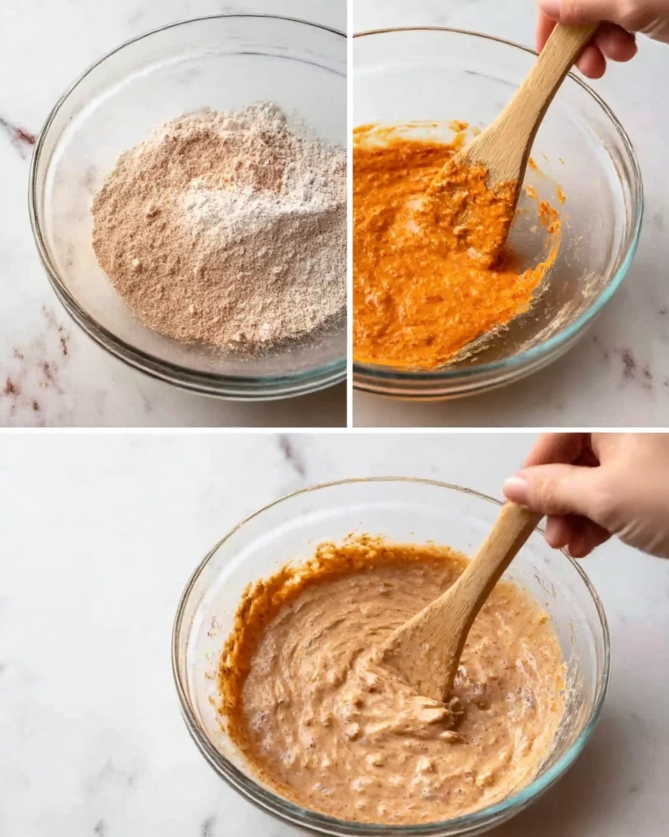 The image shows three close-up shots of making a batter in a transparent glass bowl on a white marbled surface. The first part shows dry ingredients in light brown and white powder form. The second part shows the batter with an orange mix on top, partially mixed using a wooden spoon held by a woman's hand. The third part shows the fully mixed batter in a light brown color with small chunks visible, being stirred with the wooden spoon. photo taken with an iphone --ar 4:5 --v 7