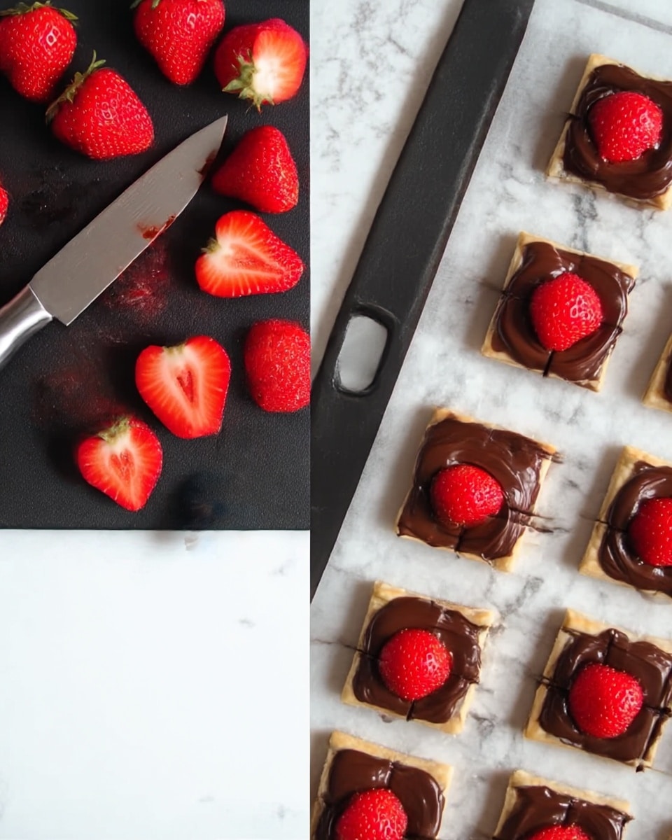 The image shows slices of bright red strawberries on a black cutting board with a silver knife next to them. On the right side, there are small squares of puff pastry placed on a white marbled surface, each topped with a smooth, dark chocolate spread and a fresh whole strawberry in the center. The puff pastry squares are uniform and neatly arranged in rows. photo taken with an iphone --ar 4:5 --v 7