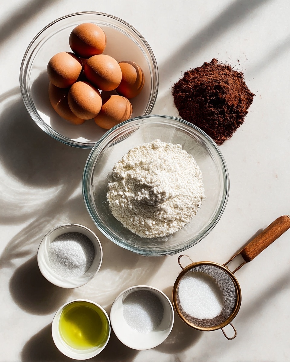 A large clear glass bowl sits at the center on a white marbled surface, holding three piles of dry ingredients: white flour at the front center, medium brown cocoa powder on the upper left, and dark brown cocoa powder on the upper right. To the left of the bowl is a white bowl filled with six brown eggs. Below the main bowl are three smaller white bowls arranged in a loose row: one contains white powder (baking powder), another holds a translucent yellow liquid (oil), and the last is a brass sifter with a wooden handle filled with white sugar. Natural light casts soft shadows around the items, showing a clean and bright baking setup. photo taken with an iphone --ar 4:5 --v 7