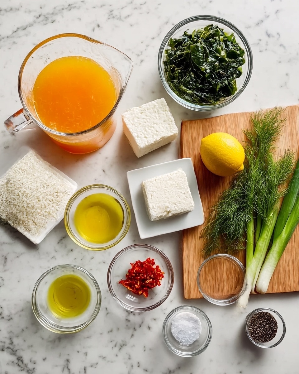 A white marbled surface holds all the ingredients neatly arranged: on the left, a large clear glass jug filled with orange broth, below it a clear glass bowl with white rice, and next to the rice a white square plate with a block of white cheese. Near the center, three small clear bowls hold light yellow minced garlic, green olive oil, and red chopped peppers. To the right, a wooden cutting board contains a whole yellow lemon, several green scallions, and fresh dill with feathery green leaves. Above the cutting board, a clear bowl contains dark green frozen spinach blocks. Two smallest clear bowls to the right hold white salt and black pepper. The whole setting is on a white marbled surface, photo taken with an iphone --ar 4:5 --v 7