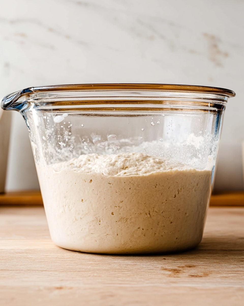 A clear glass measuring container with a white rim holds a thick, bubbly dough that fills about half the container. The dough has a light beige color with small holes and a soft texture visible through the transparent sides. The container sits on a light wooden surface with a blurred white marbled background. Photo taken with an iphone --ar 4:5 --v 7