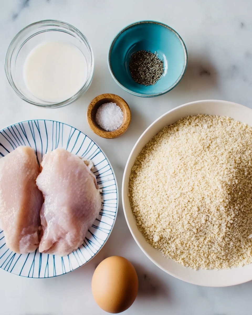 A white bowl filled with light beige breadcrumbs takes up a large part on the right side. On the left, a white plate with blue stripes holds two pale pink raw chicken pieces. Below that, a brown egg sits next to a small clear glass bowl with white milk. Above the bowl of breadcrumbs are two small round bowls—one turquoise with black pepper and one wooden with white salt. All items are placed on a white marbled surface photo taken with an iphone --ar 4:5 --v 7