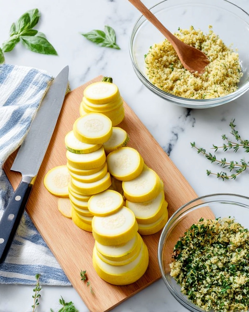 The image shows three yellow squash sliced into many thin, round pieces arranged upright like towers on a wooden cutting board placed on a white marbled surface. The squash slices are stacked closely, showing alternating pale yellow edges and cream-colored centers. A large knife with a black handle rests beside the cutting board on a white and blue striped cloth. To the right, there are two bowls with ingredients: one clear bowl filled with green chopped herbs and another larger clear bowl containing a crumbly mixture with green bits, stirred by a wooden spoon. Bright green basil leaves and small sprigs of thyme are scattered around the scene. Photo taken with an iphone --ar 4:5 --v 7