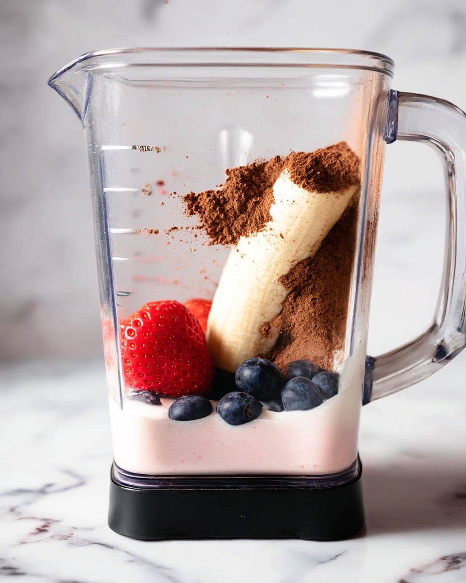 Inside a clear blender, there are several layers of ingredients ready to be mixed. At the bottom, a few round dark blueberries sit next to a bright red strawberry. Above them is a thick slice of pale banana leaning against the blender wall. A heap of brown cocoa powder rests on top of the banana and berries. Surrounding these items is white creamy yogurt mixed with a light pink liquid, all held inside the clear blender with a black base, set on a white marbled surface. photo taken with an iphone --ar 4:5 --v 7