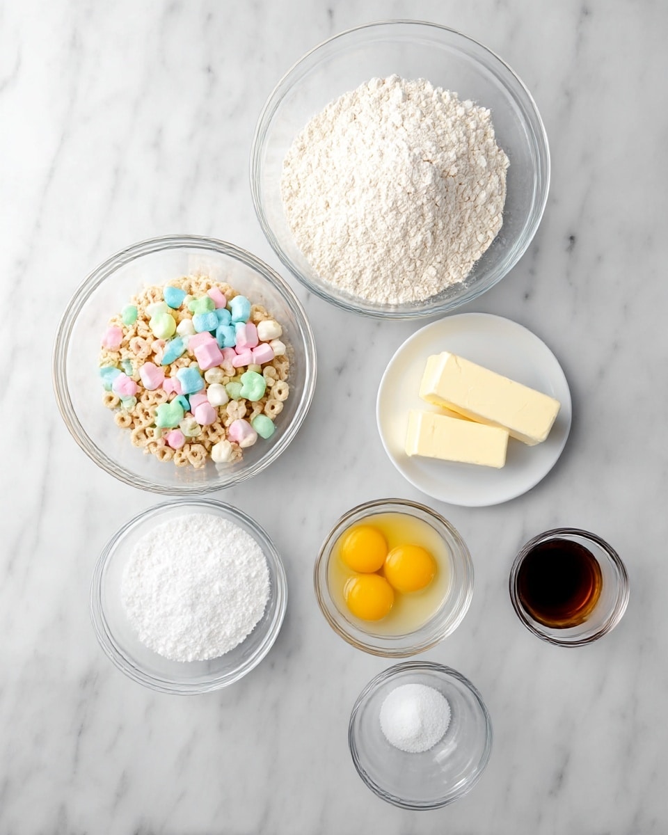 A top view shows seven clear glass bowls and one white plate arranged neatly on a white marbled surface. The largest clear bowl at the top right holds a fine heap of white flour. Below it, a smaller clear bowl contains light beige cereal with colorful marshmallows in pink, green, blue, and white. To the right, a small white plate holds two pale yellow sticks of butter. In the center bottom, a clear bowl is filled with white granulated sugar. Next to it is a clear bowl with two raw eggs, yellow yolks resting in transparent whites. Above the sugar bowl, a tiny clear bowl contains white powder, likely baking soda or salt. Lastly, at the bottom right, a small clear bowl contains dark brown liquid, which is vanilla extract. The all-white marbled surface enhances the clean and organized layout. Photo taken with an iphone --ar 4:5 --v 7