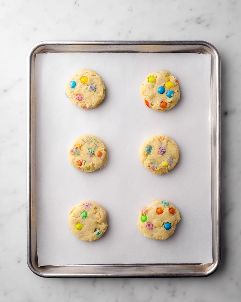 Six small round cookie dough pieces lie on a baking tray lined with white parchment paper. Each dough piece is pale yellow with bits of colorful candy pieces, showing blue, green, red, and orange scattered inside. The dough circles have slightly uneven edges and are spaced evenly in two rows of three. The tray sits on a white marbled texture surface. photo taken with an iphone --ar 4:5 --v 7