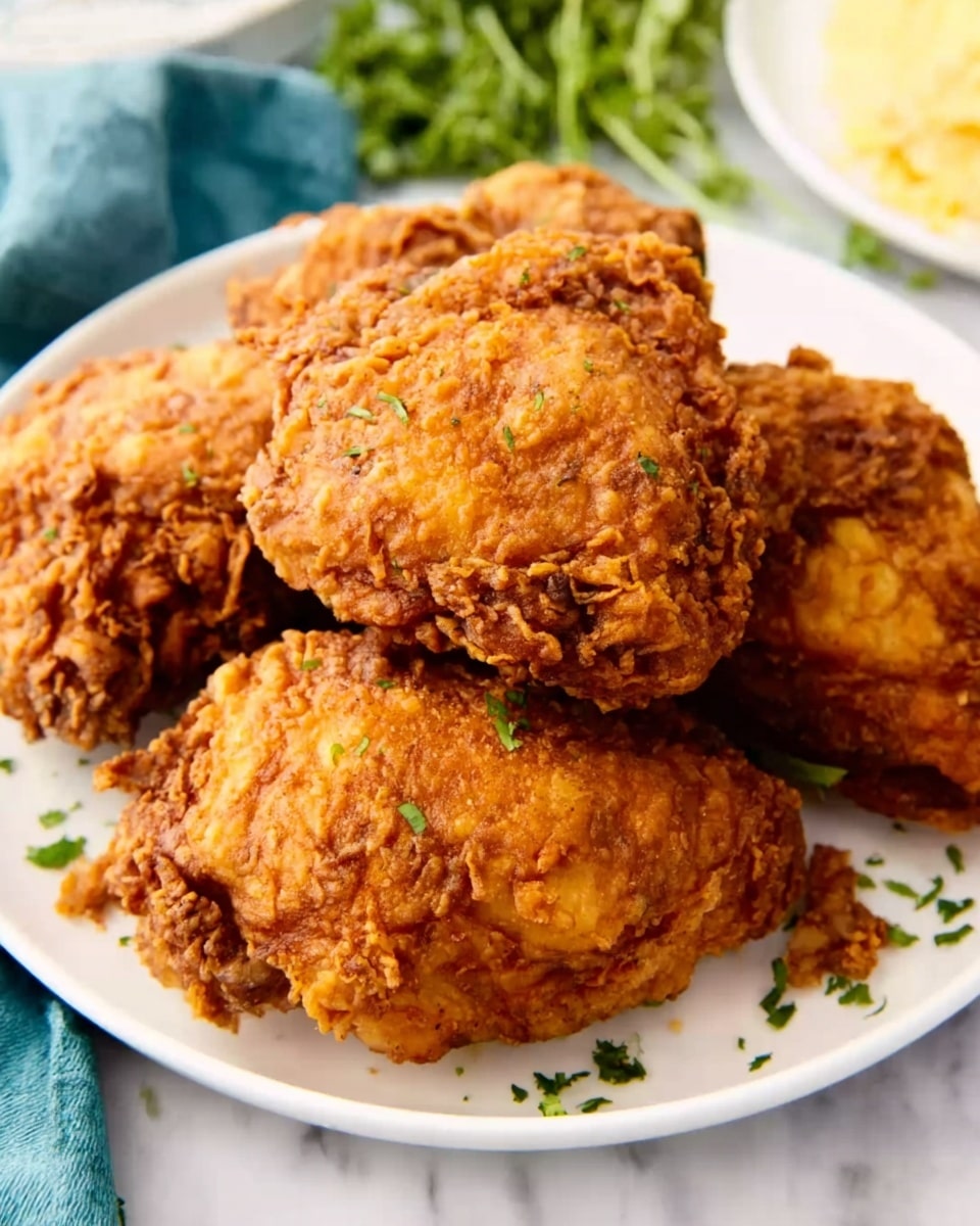 The image shows a white plate filled with four pieces of golden-brown fried chicken with a crispy, rough texture. The chicken pieces are stacked closely together, and small bits of crispy batter are visible around them. The plate sits on a white marbled surface, and there are hints of a blue cloth and some green herbs around the edges, adding subtle color contrasts. Photo taken with an iphone --ar 4:5 --v 7