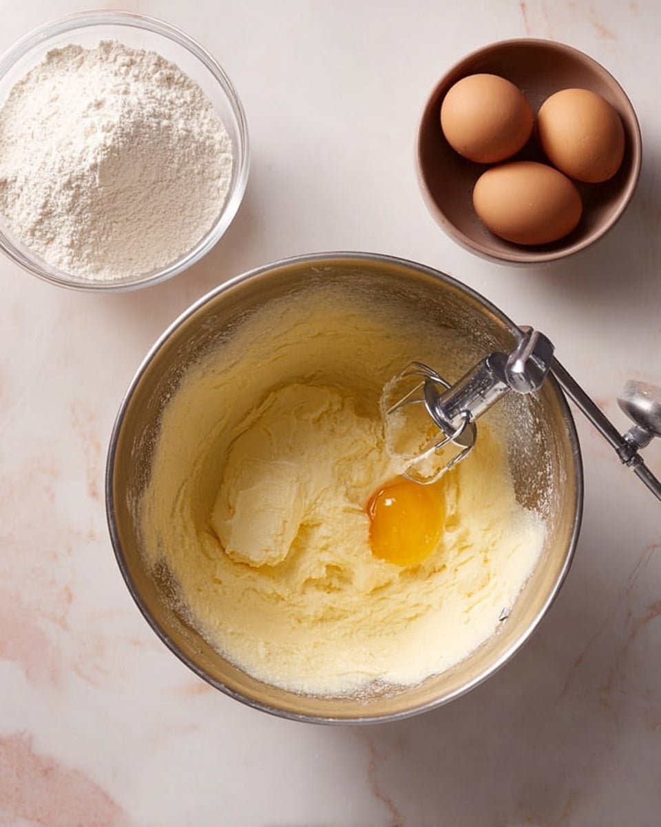 A metal mixing bowl sits on a white marbled surface filled with a creamy yellow batter that has a single raw egg yolk in the center, partially mixed with the batter. A metal paddle mixer rests inside the bowl, slightly coated with batter. To the left of the bowl, a clear glass container holds white flour, and to the right, a small brown bowl contains three whole eggs. The scene is softly lit, showing smooth textures in the batter and the smooth, clean surface beneath. Photo taken with an iphone --ar 4:5 --v 7