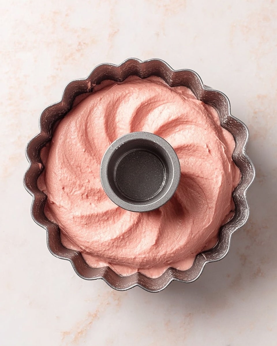 A metal bundt pan with a fluted edge holds a smooth, pink batter spread evenly to fill the pan, with a hollow center and slightly raised swirls around the middle tube. The pan sits on a white marbled surface. photo taken with an iphone --ar 4:5 --v 7