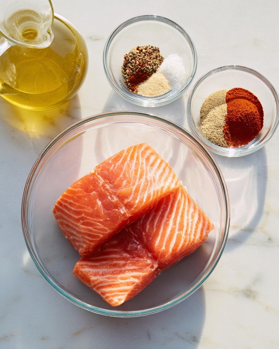 Three thick slices of raw salmon with a pink-orange color and white marbled lines rest in a clear glass bowl on a white marbled surface. Next to them, a small clear glass bowl holds four separate piles of spices in colors ranging from deep red to beige, white, and black. Above the spice bowl, a clear glass container with a spout holds light yellow oil. The scene is bright and clean with natural light highlighting the fresh ingredients photo taken with an iphone --ar 4:5 --v 7