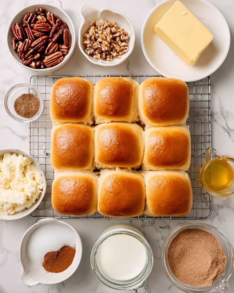 A white cooling rack holding nine soft golden brown Hawaiian rolls arranged in a 3x3 grid, resting on a white marbled surface. Around the rolls are small white bowls and glass containers filled with different ingredients: dark reddish-brown pecans in a white bowl at the top right, a plate with a slab of pale yellow butter below the pecans, a glass jar of thick white heavy cream near the center, a small white bowl with finely ground brown cinnamon at the bottom left, a smaller white bowl with salt next to the cinnamon, a measuring cup with light yellow melted butter just above the cinnamon, and a white bowl filled with coarse light brown sugar at the bottom right. Photo taken with an iphone --ar 4:5 --v 7