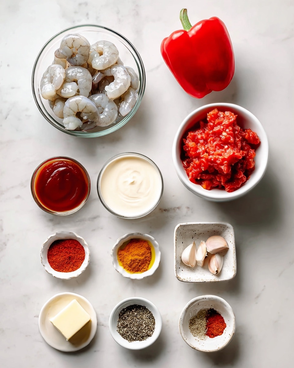 The image shows an overhead view of ingredients for a shrimp dish arranged neatly on a white marbled surface. In the center is a clear glass bowl filled with raw shrimp that have a pale, grayish color and a smooth texture. To the top right of the shrimp is an open white bowl containing bright red crushed tomatoes with a slightly chunky texture. Above that is a small white bowl with a creamy, off-white liquid labeled cream. To the left of the shrimp is a bright red bell pepper with a smooth, shiny surface. Below the shrimp are several small white bowls with different ingredients: deep red tomato paste with a thick texture, golden olive oil in liquid form, bright orange-red smoked paprika powder, a small square of pale yellow unsalted butter, a small heap of black and white salt and pepper mix, rusty orange sweet paprika powder with a fine texture, and peeled garlic cloves with a pinkish-white color. The items are all spaced evenly on the white marbled surface, creating a clean and organized visual. Photo taken with an iphone --ar 4:5 --v 7