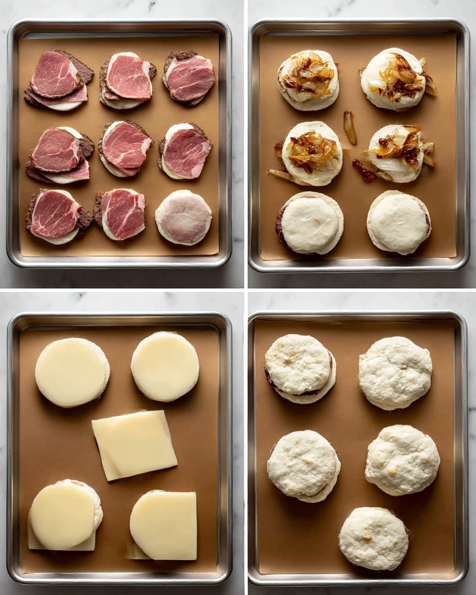 The image shows four stages of making small sandwiches on a silver baking tray lined with brown paper, placed on a white marbled surface. In the first stage (top left), there are eight pieces of thin pink and brown meat placed over small round white biscuit dough. In the second stage (top right), caramelized golden-brown onions are added on top of the meat on all eight sandwiches. In the third stage (bottom left), each sandwich is covered with a smooth, round, pale yellow slice of cheese. In the last stage (bottom right), round biscuit dough pieces, slightly rough and white, are placed on top covering each sandwich fully, ready to bake. photo taken with an iphone --ar 4:5 --v 7