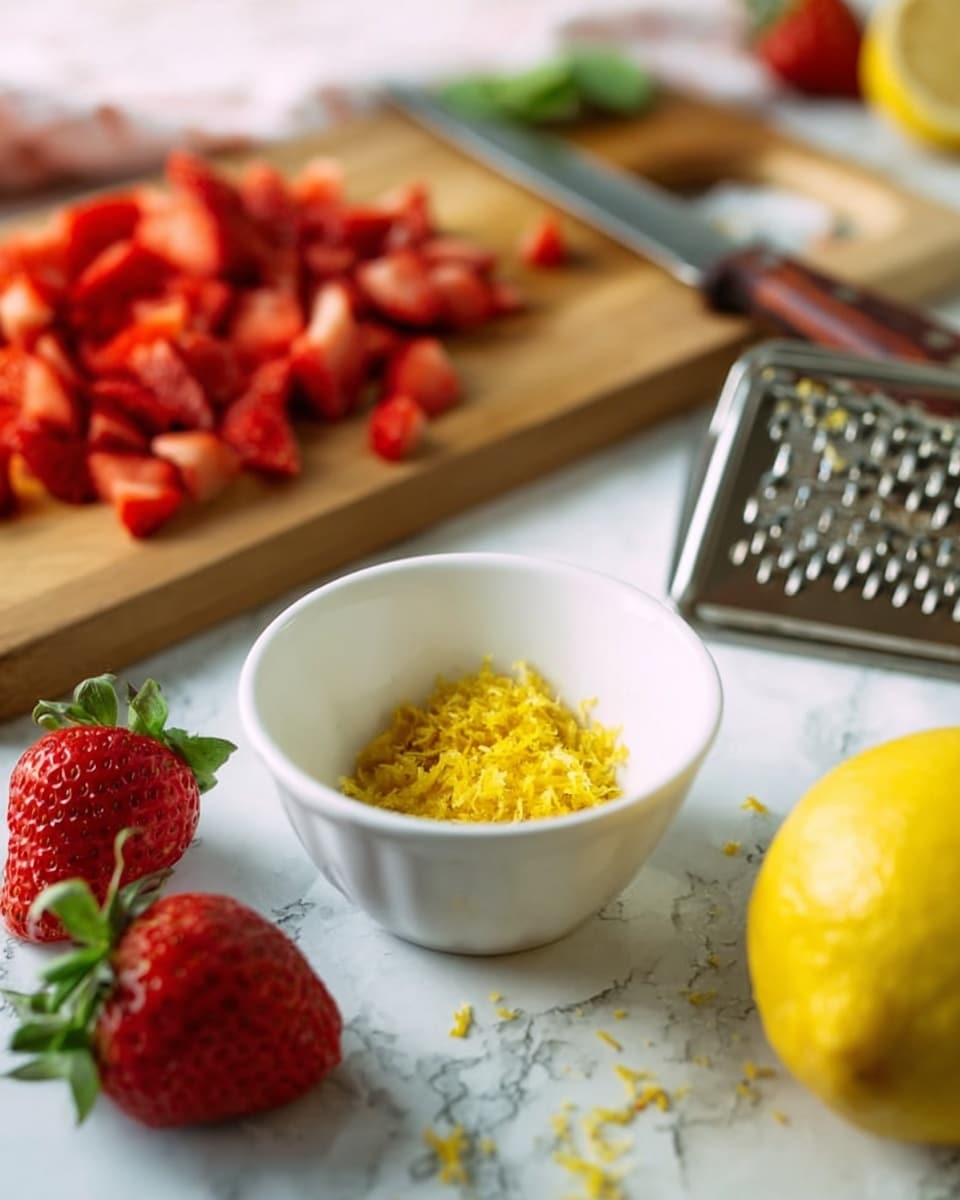 The image shows a white small bowl with yellow lemon zest in the center, sitting on a white marbled surface. To the right of the bowl, there is a whole yellow lemon. Behind the lemon, a metal grater is visible with some lemon zest on it. On the left side of the bowl, two red strawberries with green leaves are placed on the surface. In the background, a wooden cutting board holds many chopped strawberries and a knife with a brown handle resting on it. The overall colors are fresh and bright with a natural, soft light. photo taken with an iphone --ar 4:5 --v 7