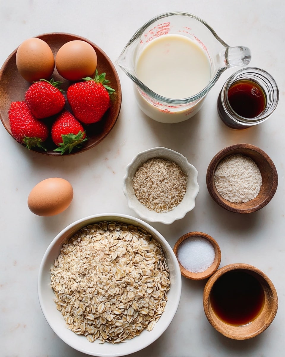 The image shows a top view of several ingredients placed on a white marbled surface. At the center bottom, there is a white bowl filled with light brown rolled oats. To its left, a white bowl contains fresh bright red strawberries with green leaves. Above the oats, there is a glass measuring cup filled with creamy white milk. To the right of the measuring cup, a small glass jar holds a dark brown liquid. Next to the jar, two small wooden bowls hold white powder and fine salt, respectively. On the top left, a small wooden plate holds two brown eggs and a small scalloped bowl filled with a dark brown liquid. The items are arranged neatly with soft, natural lighting highlighting their colors and textures. Photo taken with an iphone --ar 4:5 --v 7