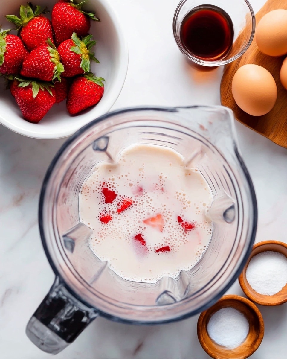 Inside a clear blender container, there are small red strawberry pieces mixed with white milk, creating a light pink color in some spots, with small bubbles on the milk surface. To the left, a white bowl holds several fresh red strawberries with green leaves. In the top right corner, a small wooden dish carries two brown eggs and a glass cup filled with dark brown vanilla extract. Nearby on the white marbled surface, there are two small wooden bowls, one with white sugar and the other that is empty. Photo taken with an iphone --ar 4:5 --v 7