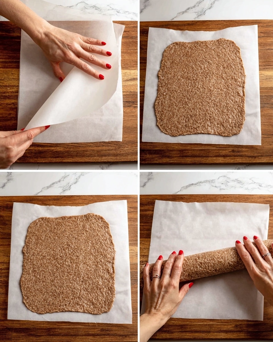 The image shows three steps of rolling a flat, rough-textured brown dough on top of white parchment paper on a wooden surface. In the first step, a woman's hand lifts one corner of the parchment paper, revealing the dough underneath. The dough is a large, uneven rectangle with visible grains and a slightly coarse texture. In the second step, the dough is fully exposed on the parchment paper, showing its full shape and texture. In the third step, both hands with red nail polish are rolling the dough and parchment paper from the bottom toward the top, starting to form a tight roll. The background is a white marbled texture. Photo taken with an iphone --ar 4:5 --v 7
