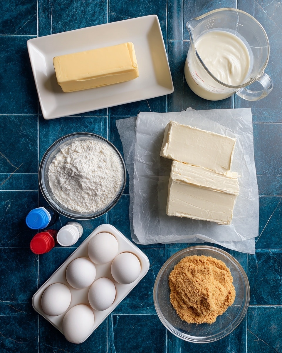 A flat lay of several baking ingredients arranged on a dark blue tiled surface with white grout, changed to a white marbled texture. At the top left, a rectangular white plate holds a stick of pale yellow butter with smooth edges, beside it on the right is a clear glass measuring cup filled with off-white cream. Below, in the center right, two blocks of cream cheese are stacked on white parchment paper, showing a soft and smooth texture. At the bottom left, a white egg tray holds three white eggs. Nearby, a small clear bowl contains white cornstarch powder, and next to it, another clear bowl holds finely crushed golden brown graham crackers. At the left center, there are two small bottles of food coloring labeled red and blue. The entire setup is viewed from above with even lighting. photo taken with an iphone --ar 4:5 --v 7