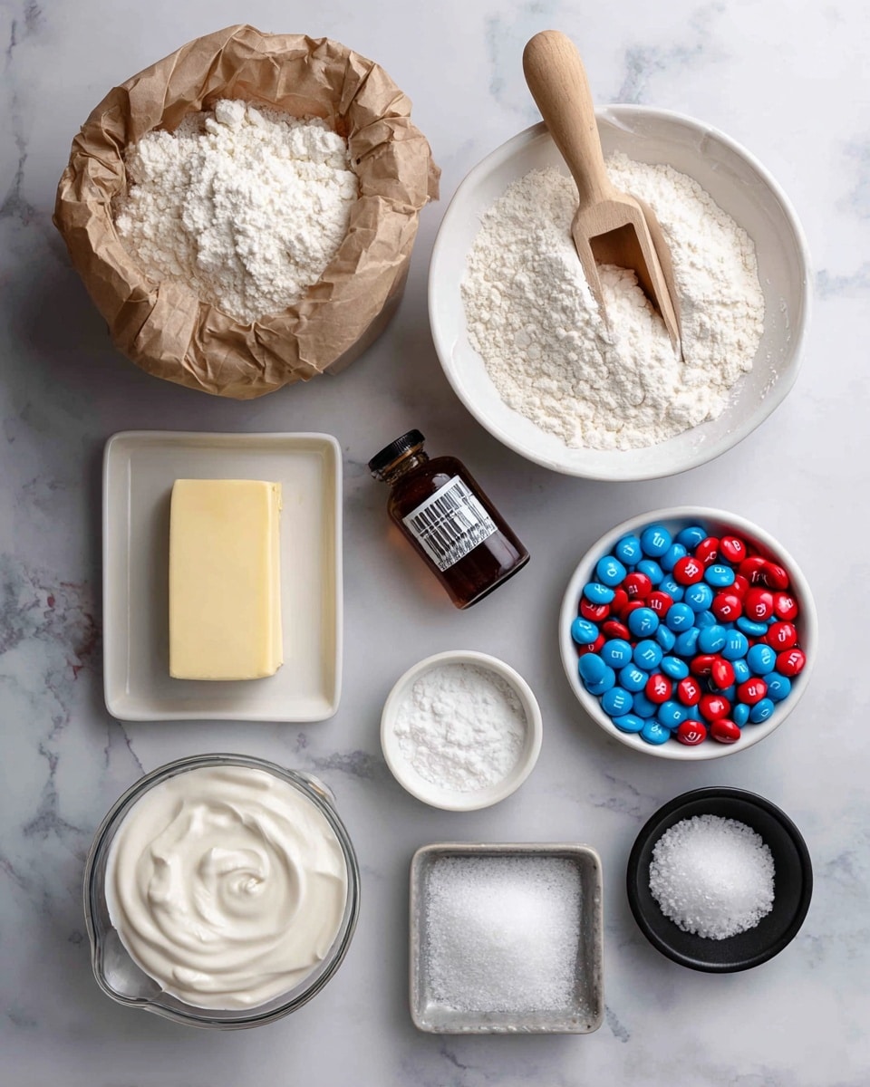 The image shows a top view of several baking ingredients placed on a white marbled surface. Starting from the top left, there is a crumpled brown paper bag filled with white all-purpose flour. To the right, a white bowl is full of white sugar with a small wooden scoop inside, and red, blue, and white M&Ms spill out from a white round bowl below it. At the bottom left, a white rectangular dish holds a stick of pale yellow butter. Above it, a measuring cup filled with thick white Greek yogurt sits near the center. Next to it, a small dark brown vanilla extract bottle lies horizontally. To the right, a small black dish holds white sea salt along with separate piles of white baking powder and baking soda. The ingredients are neatly spread and clearly labeled with white tags. The photo is taken with an iphone --ar 4:5 --v 7