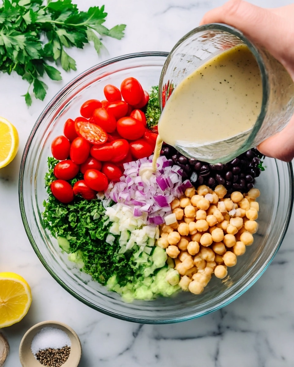 In a clear glass bowl on a white marbled surface, there are six layers of ingredients arranged separately. Starting from the left, bright red halved cherry tomatoes sit next to fresh green parsley. To the right of the parsley, there are shiny black beans, beside a pile of light yellow chickpeas with small chopped white garlic on top. At the center, diced purple onions are placed above light green cucumber pieces at the bottom. A smaller clear bowl held by a woman's hand is pouring a light beige dressing with small dark specks over the ingredients. Around the bowl, there is a halved lemon, a sprig of parsley, and a small dish with black pepper and salt. photo taken with an iphone --ar 4:5 --v 7