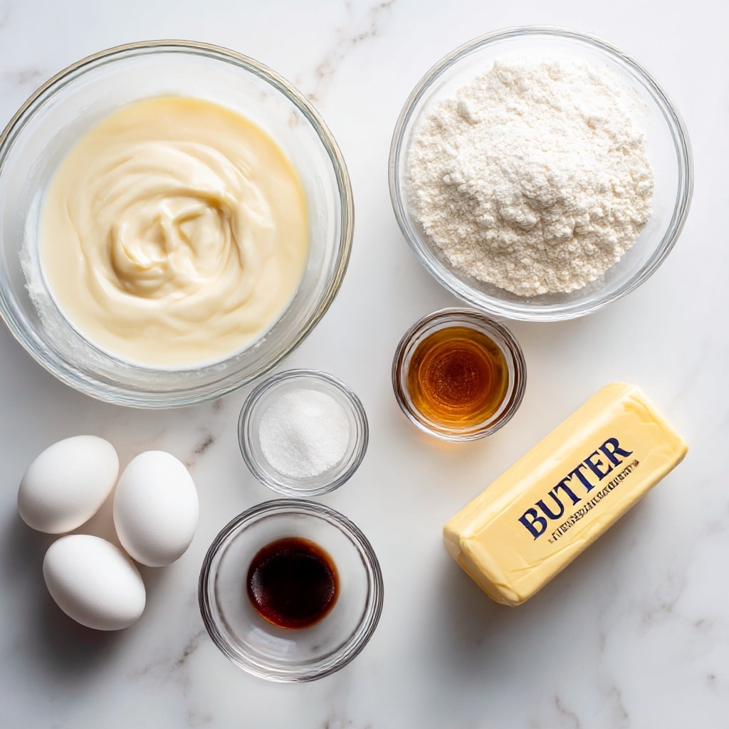 The image shows a white marbled surface with baking ingredients arranged neatly. On the left, a large clear bowl holds light creamy buttermilk. Below it, two white eggs rest side by side. In the center are four small clear bowls: one with light brown sugar, one with white sugar, one empty labeled salt, and one with a dark amber liquid labeled vanilla. On the right, a large clear bowl full of white flour and a pale yellow stick of butter wrapped in paper labeled