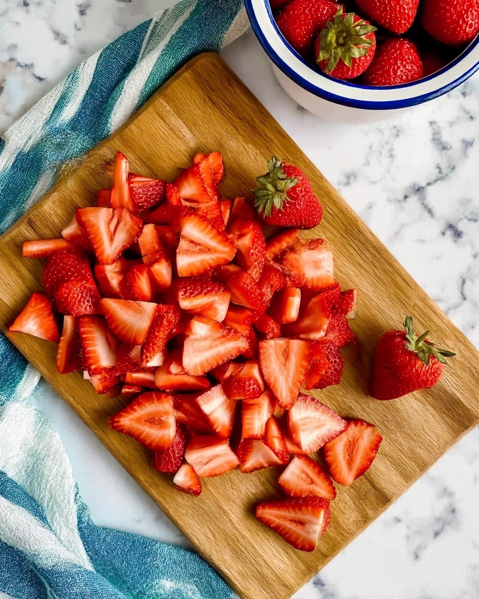 The image shows a wooden cutting board on a white marbled surface with a blue and green striped cloth nearby. On the cutting board, there are many pieces of sliced strawberries scattered around along with a few whole strawberries with green tops. To the top right of the cutting board, a white bowl with a blue rim is filled with whole strawberries. The overall look is fresh and vibrant. photo taken with an iphone --ar 4:5 --v 7