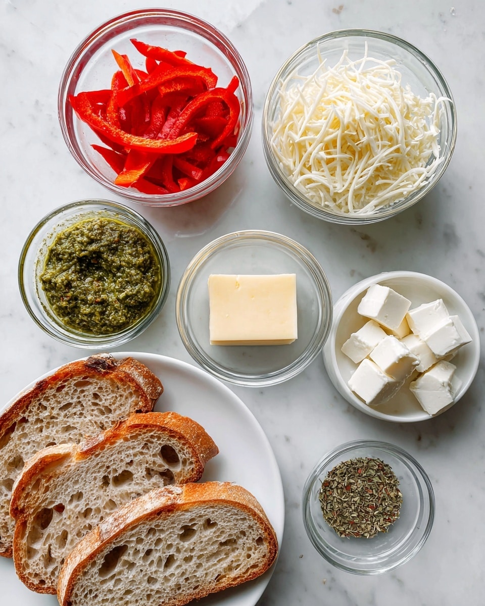 The image shows six small clear glass bowls with different ingredients arranged on a white marbled surface, alongside a white plate holding three slices of brown bread with visible texture and holes. The first bowl contains green pesto, thick and slightly oily in texture. Next to it, a bowl holds bright red roasted red pepper strips, soft and shiny. Another bowl contains white shredded mozzarella with fine curly strands, fluffy and light. Close by, a small bowl has several white cubes of feta cheese, firm and solid. A tiny bowl contains a smooth, pale yellow square of butter. Finally, a very small bowl holds dried oregano, made of small green and brown flakes. The bread slices on the white plate are arranged overlapping each other with some darker edges. photo taken with an iphone --ar 4:5 --v 7