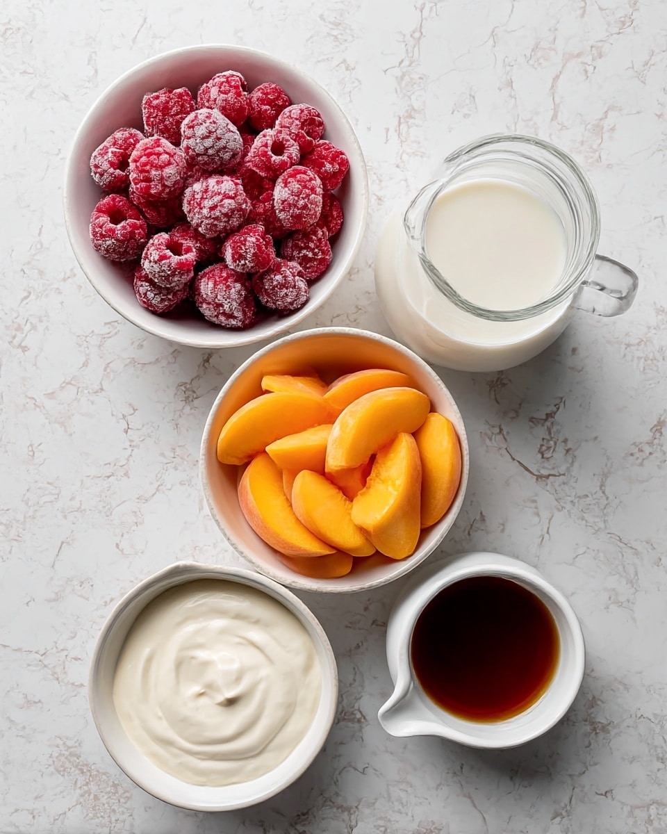 Three white bowls and two white small pitchers are placed on a white marbled texture surface. The top left white bowl is filled with frozen red raspberries, showing a rough, icy texture. The bottom right white bowl holds frozen bright orange peach slices with frost on them. To the right of the raspberries, a clear glass pitcher contains white milk. Below the raspberries, a small white bowl is filled with smooth, thick white cream. Next to that, a smaller white pitcher contains a dark brown liquid, likely vanilla extract. The arrangement is neat and bright, highlighting the colors and textures vividly. Photo taken with an iphone --ar 4:5 --v 7