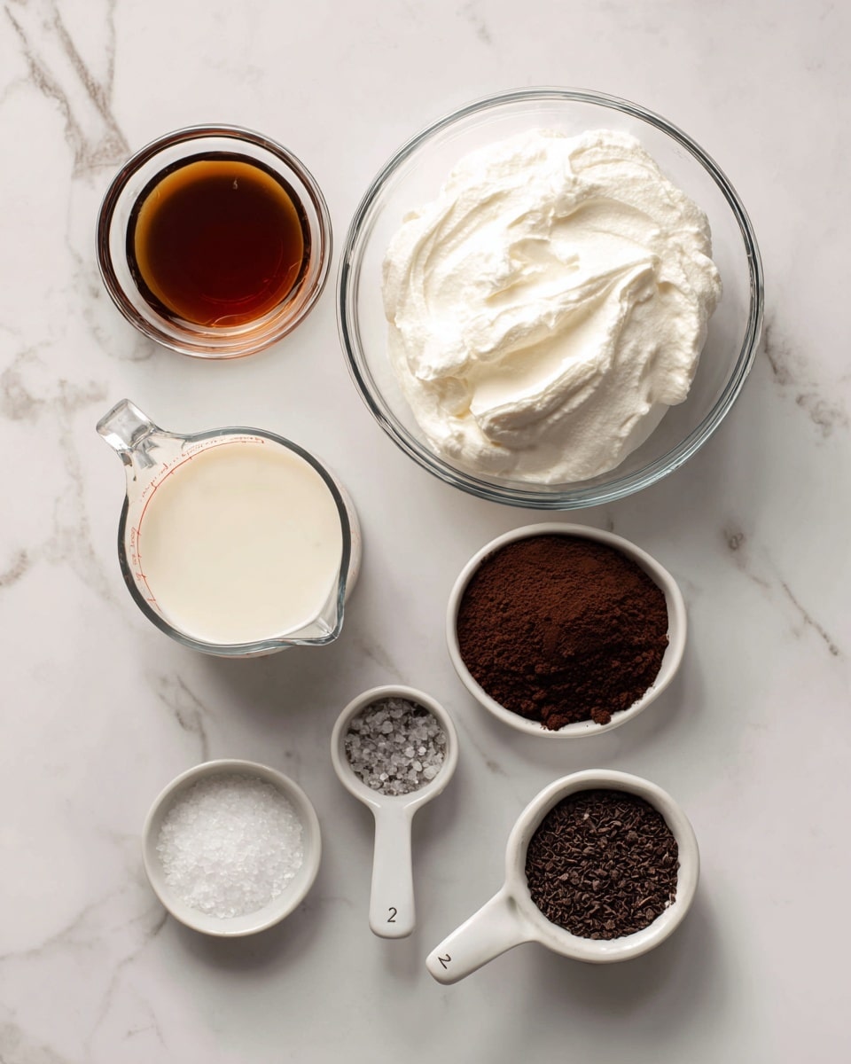 The image shows six clear glass and white bowls and a measuring cup arranged on a white marbled surface. The largest bowl at the top right is filled with thick white Greek yogurt with a smooth and slightly fluffy texture. Below it on the left is a small clear glass bowl with dark brown vanilla liquid inside. Next to it on the bottom right is a white measuring cup filled with finely ground dark brown cacao powder. Above that on the left side is a glass measuring cup filled with creamy white almond milk. Below it to the left is a flat white bowl with small piles of coarse grey sea salt. At the top left is a small white measuring cup filled with deep amber-colored maple syrup. photo taken with an iphone --ar 4:5 --v 7