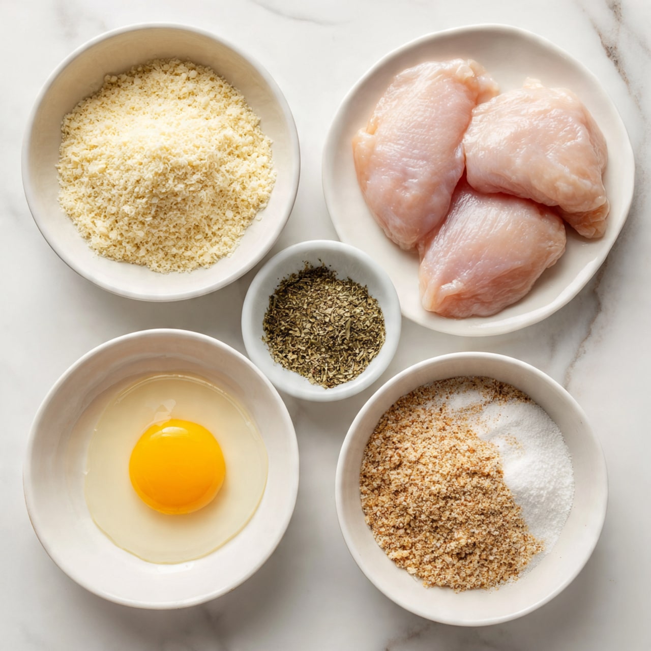 The image shows four white bowls and plates arranged on a white marbled surface. The top right white plate holds two raw, pale pink chicken pieces side by side. The top left white bowl contains a mix of dry ingredients with different textures and colors: light yellow grated parmesan, beige panko crumbs, dark green dried oregano, and light brown garlic powder. At the bottom center, a white bowl holds a single raw egg with a bright yellow yolk and clear egg white spread around it. The text also notes the use of salt, pepper, and olive oil spray though these are not visually shown. Photo taken with an iphone --ar 4:5 --v 7