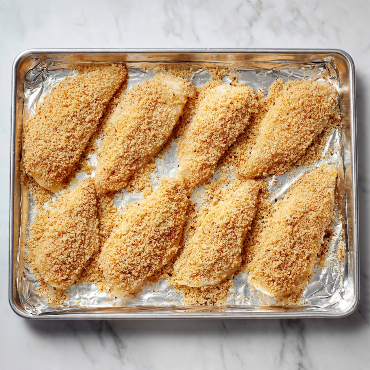 The image shows several pieces of raw fish fillets covered in a crumb coating arranged on a baking tray lined with shiny silver foil. Each fillet is evenly covered with a light tan and slightly coarse crumb mixture that has a grainy texture visible up close. The fillets are laid out side by side, occupying most of the tray. The tray sits on a white marbled surface that provides a clean and bright background. Photo taken with an iphone --ar 4:5 --v 7