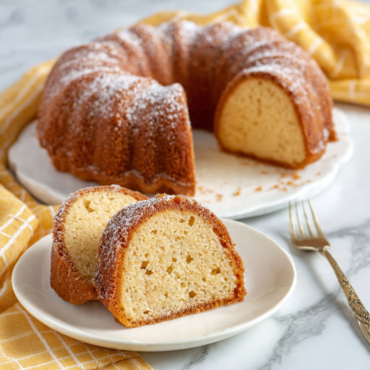 The image shows a round bundt cake with a golden brown crust and a soft, light tan inside, placed on a white plate on a white marbled surface. One slice of the cake is cut and set in front on a white plate, showing a moist texture with small holes and specks inside. The top of the bundt cake has a light dusting of powdered sugar, and the background features a yellow checkered cloth. A fork rests on the edge of the plate holding the slices. Photo taken with an iphone --ar 4:5 --v 7