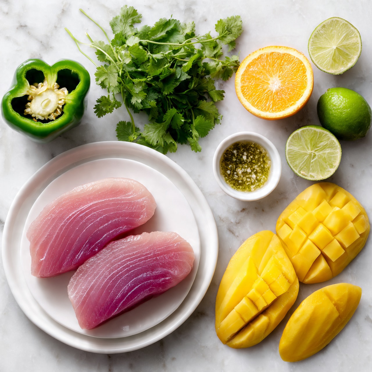 A white plate in the bottom left holds two pinkish tuna steaks with a smooth texture and a light sheen. Above the plate, a halved green pepper shows its glossy, bright green interior with seeds visible. Next to the green pepper, on a white marbled surface, a cluster of fresh green cilantro leaves with thin stems spreads out. To the right, two lime wedges sit side by side, showing a juicy, pale green inside. Just below the limes, a halved orange with a bright, vibrant orange interior is displayed. Below the orange, three yellow mango slices with smooth, glossy flesh lie next to a halved mango with yellow-orange flesh and rough skin. Scattered around the main items are small white bowls containing minced garlic, olive oil, salt, and sugar, all placed on the white marbled surface. photo taken with an iphone --ar 4:5 --v 7