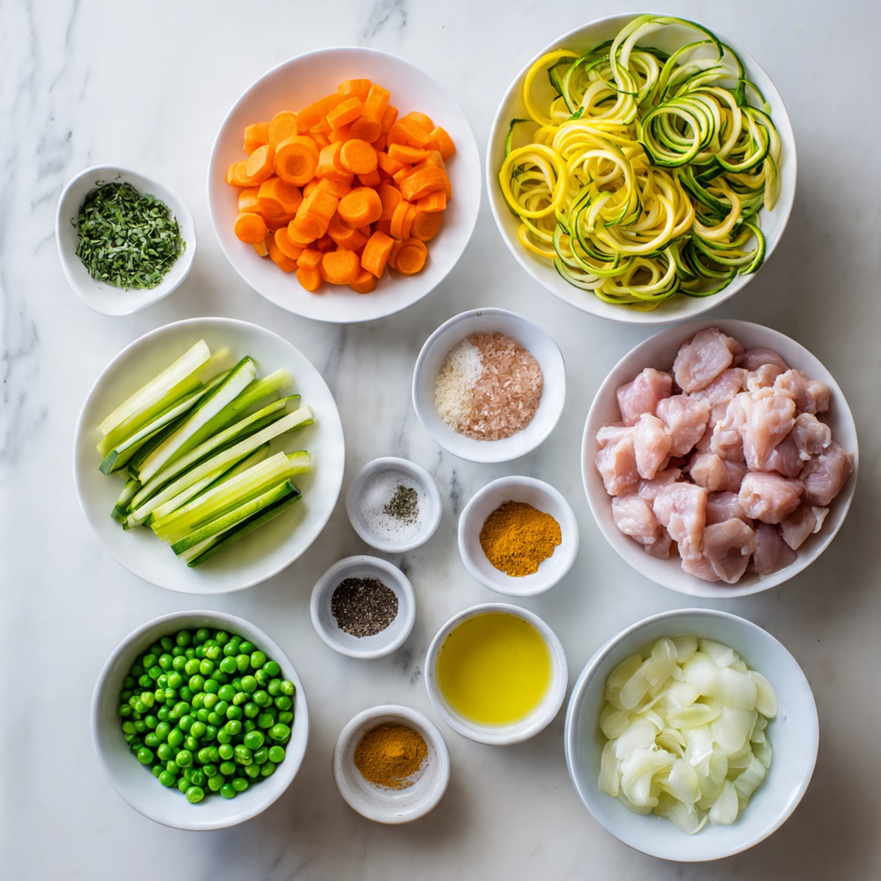 A top-down view of different ingredients arranged neatly on white plates and bowls set on a white marbled surface. In the center is a round white plate filled with two halves: bright orange slices of carrots on the right and light green celery pieces on the left. Above it, a white plate holds thin yellow and green spiral strips of zucchini. To the right, a white bowl has raw pink chicken pieces. Below the chicken are two small dark bowls with salt and black pepper. To the far left is a small white bowl filled with chopped green herbs. Nearby is a small plate holding minced garlic, bright orange turmeric powder, and a brownish-green spice powder. At the bottom left, a white bowl holds green frozen peas, and beside it is a small bowl of golden yellow oil. At the bottom right, a white bowl contains chopped white onions. The whole scene is clean and brightly lit, photo taken with an iphone --ar 4:5 --v 7