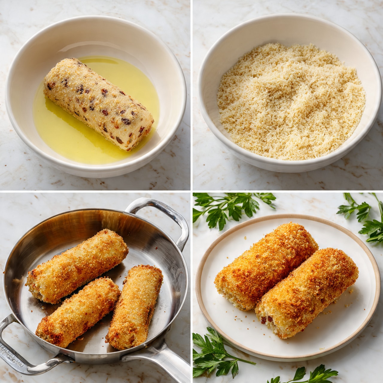 A four-part collage shows the process of preparing a breaded roll. In the first section, a light brown roll with small dark specks lies in melted butter inside a white bowl on a white marbled surface. The second section shows the same roll being coated in beige breadcrumbs inside a white bowl. In the third section, three breadcrumb-covered rolls are frying in melted butter inside a metal pan. The last section shows three golden brown crispy rolls on a white plate, placed on a white marbled surface with some green parsley leaves in the background. photo taken with an iphone --ar 4:5 --v 7