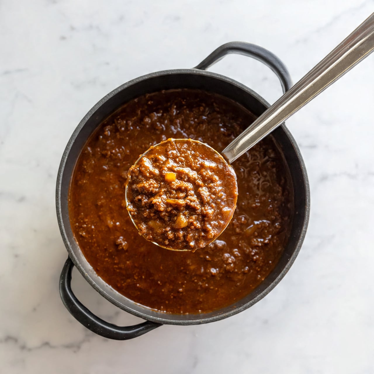 A large black pot filled with thick, brown meat sauce that has a grainy texture and small pieces of soft onions mixed throughout; a metal ladle with a long handle dips into the sauce, holding a scoop of the rich, slightly oily mixture just above the pot's surface, all placed on a white marbled background. photo taken with an iphone --ar 4:5 --v 7