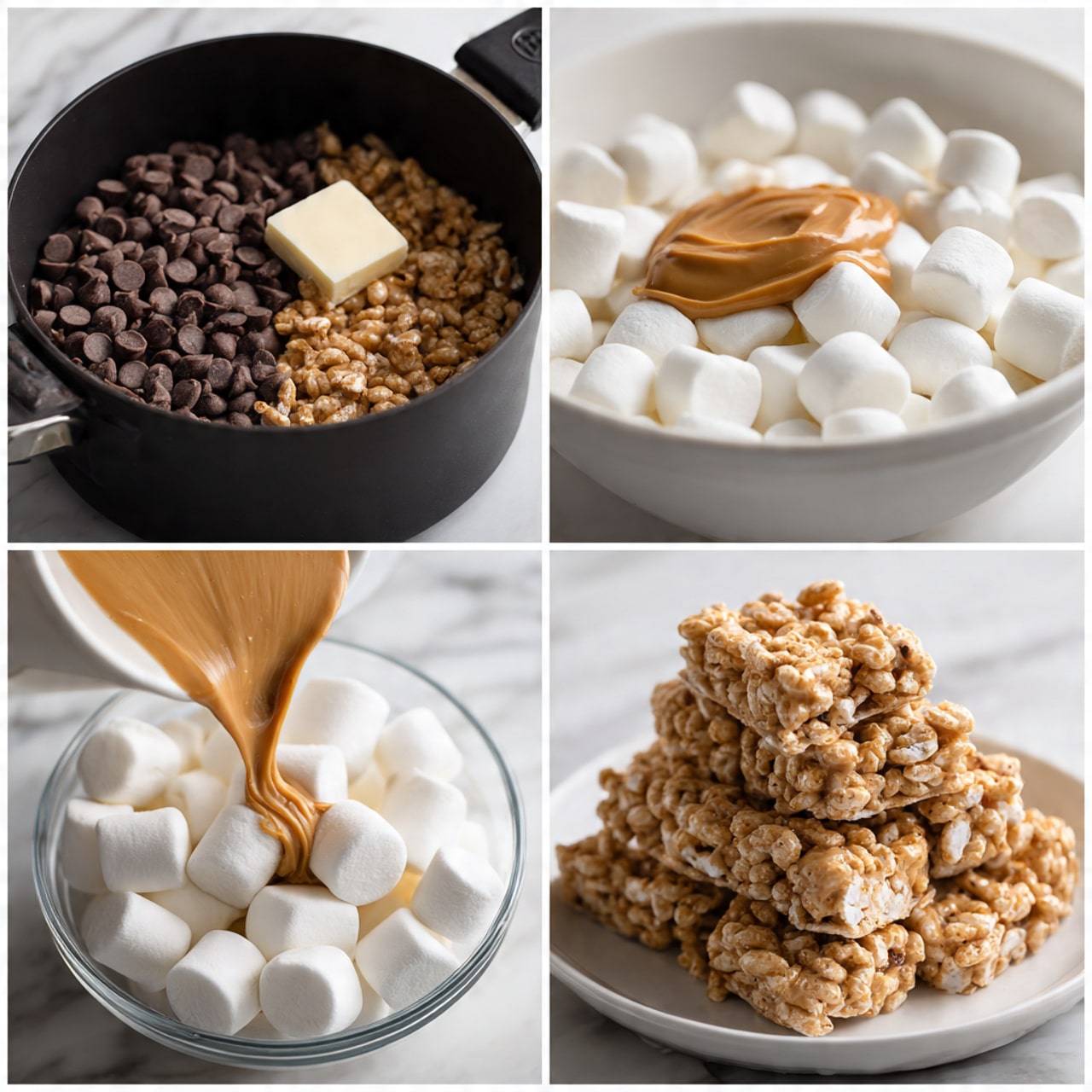 The first image shows a black pot filled with small round light brown chocolate chips, a dollop of light brown peanut butter, and a small piece of white butter all together. The second image displays a white bowl full of small white marshmallows with light brown peanut butter being poured in the middle. The third image captures a close-up of small puffed cereal pieces covered in a shiny light brown peanut butter mixture inside a transparent glass bowl. The fourth image shows the same small puffed cereal pieces coated with peanut butter stacked in a mound on a white plate, all set on a white marbled surface. Photo taken with an iphone --ar 4:5 --v 7