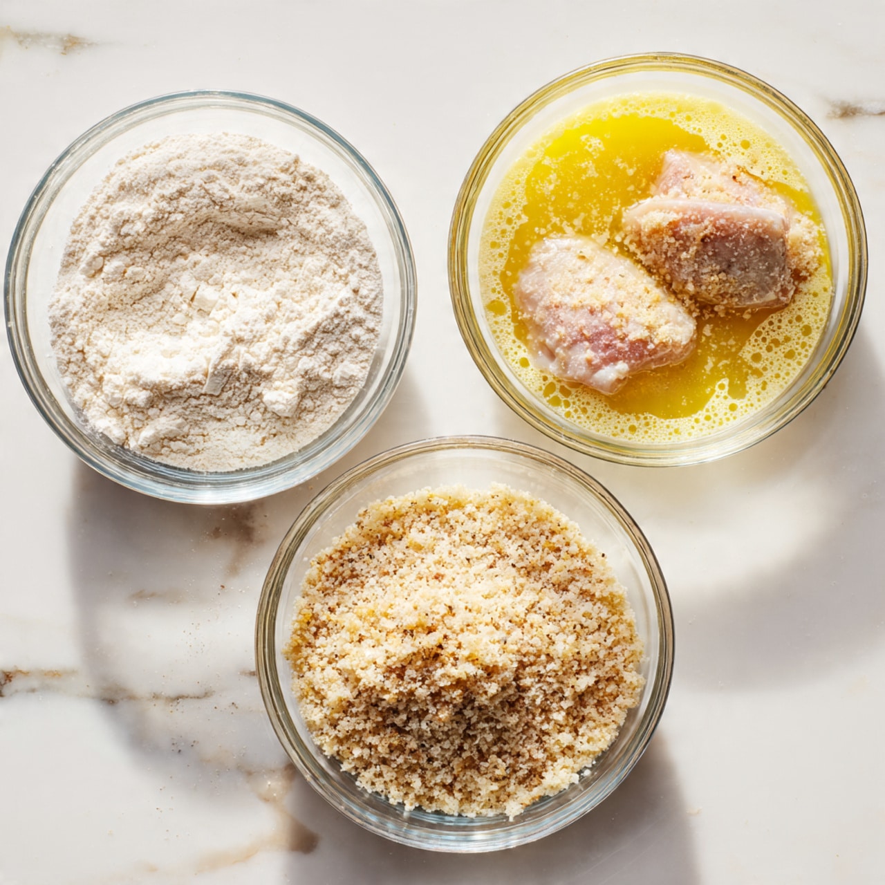 Three clear glass dishes are arranged on a white marbled surface, each holding a different cooking ingredient in a step for breading food. The dish on the left holds a layer of white flour with a powdery texture, spread evenly across the bottom. The middle dish contains a yellow, frothy egg mixture with two pieces of raw meat soaking in it, half-submerged, showing the meat’s light pink color through the egg. The dish on the right is filled with beige, coarse breadcrumbs, and one meat piece is partially coated and lying on top. The lighting is natural, soft, and even, highlighting the different textures gently, photo taken with an iphone --ar 4:5 --v 7