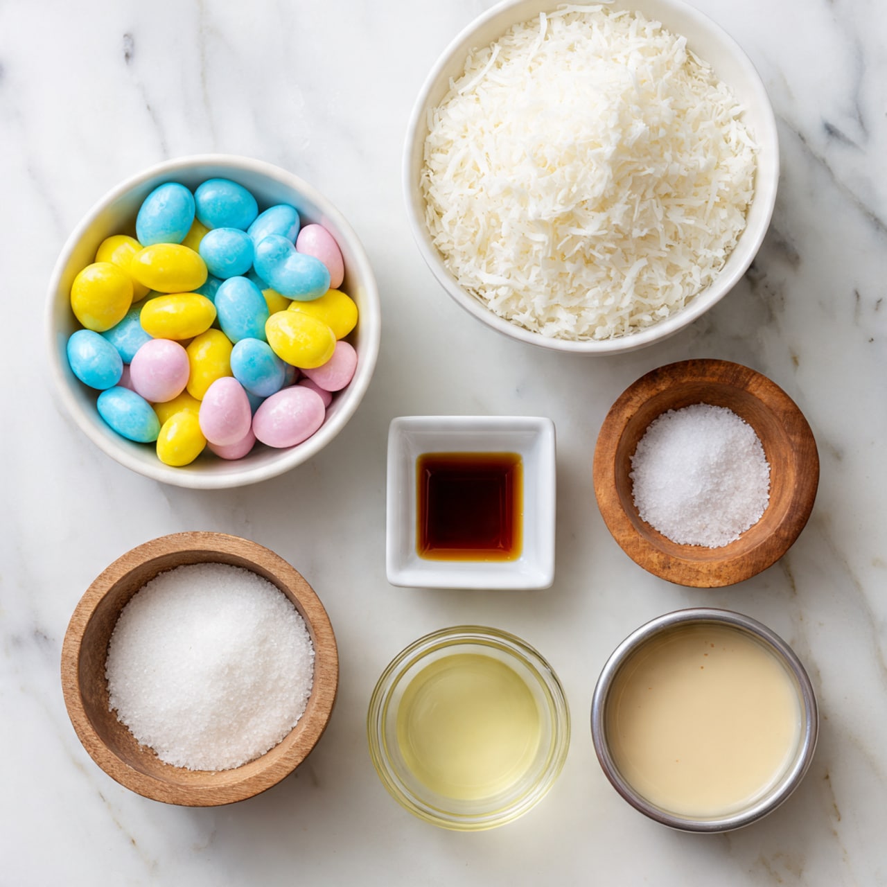 A top-down view shows six bowls and containers arranged on a white marbled surface. The largest bowl at the top holds a fluffy layer of shredded white coconut. Below and to the left, there is a white bowl filled with pastel-colored candy-coated almonds in yellow, light blue, pink, and white. Next to it is a small white square dish with a dark brown liquid, likely vanilla extract. To the right of that is a small round wooden bowl containing coarse salt. Above it, a small metal bowl has a creamy beige liquid, probably sweetened condensed milk. At the bottom, a clear glass bowl contains a light yellow translucent liquid. The scene is clean and brightly lit, showing raw ingredients neatly arranged. Photo taken with an iphone --ar 4:5 --v 7