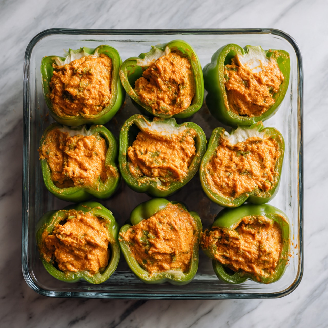 The image shows eight green bell pepper halves arranged in two rows inside a clear glass baking dish. Each pepper half is filled with a thick, creamy orange mixture that has a textured surface, suggesting it contains finely chopped ingredients like meat or vegetables. The peppers are bright green with smooth inner walls, contrasting with the rich, chunky filling that spills slightly over some edges. The baking dish sits on a surface with a white marbled texture. photo taken with an iphone --ar 4:5 --v 7