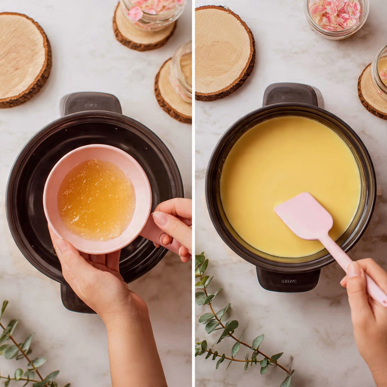 The image shows two scenes of a cooking process on a white marbled surface. On the left side, a woman's hand holds a small pink bowl tilted, pouring a light brown translucent jelly-like ingredient into a black pot filled with smooth yellow mixture, while another woman's hand holds a pink spatula inside the pot. On the right side, a woman's hand stirs the yellow mixture in the black pot with the pink spatula, showing a smooth creamy texture and some shadows cast on the pot. In the background, there are wooden slices, green plant sprigs, and pink and brown kitchen items. photo taken with an iphone --ar 4:5 --v 7