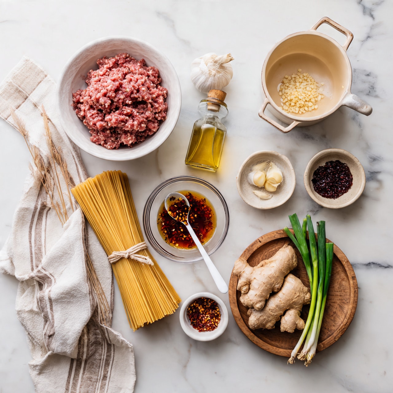 A top view of a cooking scene on a white marbled surface showing a round white bowl filled with raw ground meat on the left, with a bundle of uncooked spaghetti pasta tied with a white band below it. Next to the pasta is a small clear bottle of light cooking oil and a wooden plate holding a glass bowl of chili oil with a white spoon in it. Above the chili oil are two small white bowls, one with garlic cloves and the other with white powder seasoning. To the right is a small tan plate with fresh ginger root and a beige pot with white handles partially shown. At the top right, there is a round wooden plate with sliced green onions. There are also small bowls holding dark brown and amber sauces and a small white bowl containing red chili flakes near the bottom. A beige and white striped cloth is visible under the pot. Photo taken with an iphone --ar 4:5 --v 7