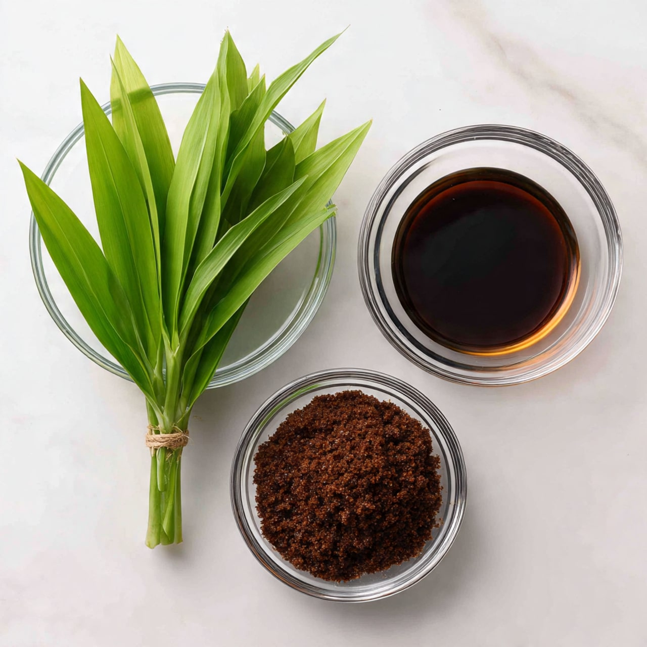 The image shows three small clear glass bowls placed on a white marbled surface. The bowl on the left contains a bundle of bright green pandan leaves tied together, the bowl on the top right holds a dark brown liquid labeled as vanilla extract, and the bowl on the bottom right is filled with dark brown sugar with a coarse texture. The items are evenly spaced, creating a clean and simple layout. Photo taken with an iphone --ar 4:5 --v 7